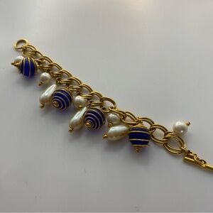 Elegant Charm Bracelet Gold tone Cobalt Blue Caged Gems pearls 6” Chunky chain